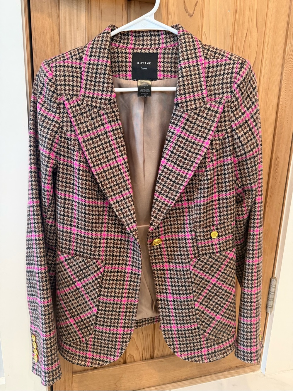 Smythe Brown & Pink Houndstooth Blazer with Gold Buttons